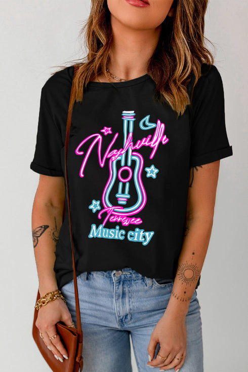 Black Music City Guitar Graphic Print Short Sleeve T Shirt